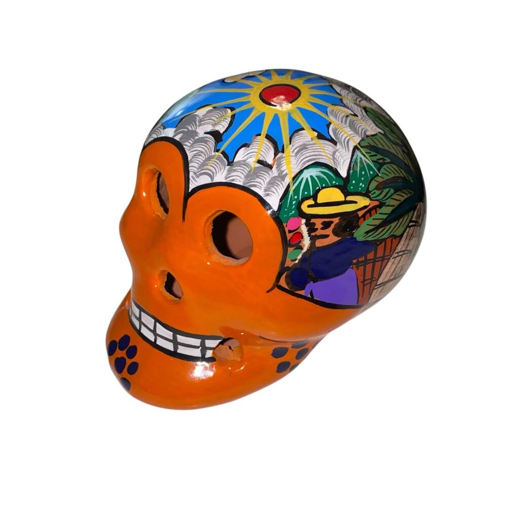 Hand Painted Sugar Skull Clay Pottery 3" Mexican Village Folk Art NICE!